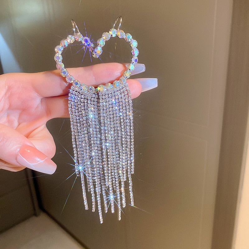 FYUAN New Long Tassel Rhinestone Drop Earrings for Women Colorful  Zircon Crystal Ear Clip Earrings Weddings Jewelry Gifts