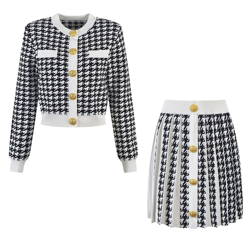 Women Mini Skirt Sexy 2 Pieces Set Houndstooth Pattern Early Fall Skinny Knit Casual Tennis Suits