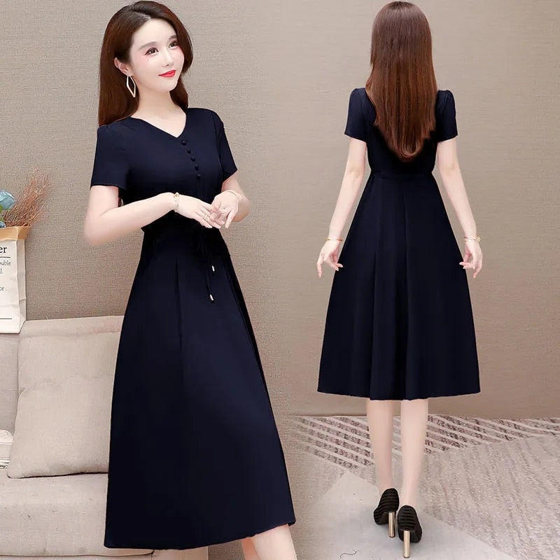 Korean Short Sleeve Midi A-Line Dress Women Summer Fashion Adjustable Waist Casual Dresses Plus Size 5Xl 4Xl Vestidos Elegante