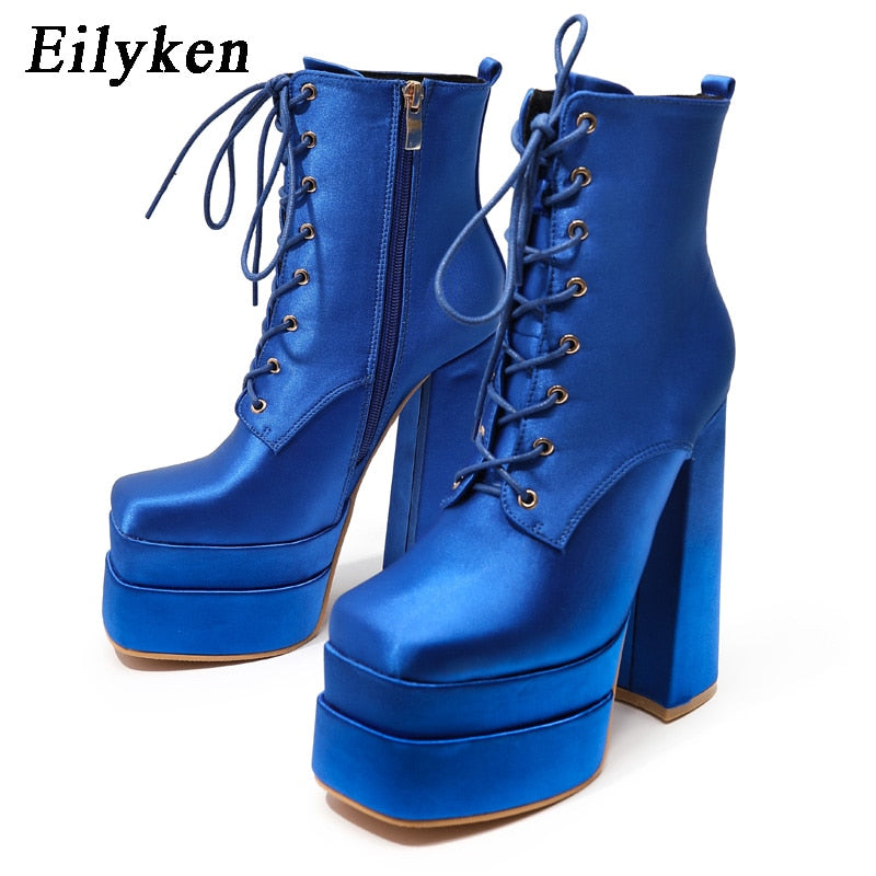 Eilyken Autumn Winter Women Motorcycle Ankle Boots Fashion Platform Wedges Satin High Heels  Female Party Prom Chunky Shoes