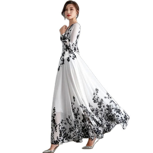 Ink Painting Long-Sleeved Chiffon Dress Women 2022 Spring Summer New Temperament Is Thin and Long Large Swing Holiday Long Skirt