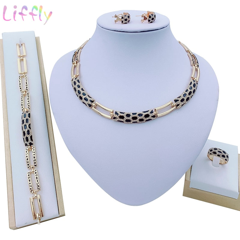 Liffly Necklace Set for Women Dubai African Gold Jewelry Sets Bridal Earrings Rings Indian Nigerian Wedding Jewelery Gift