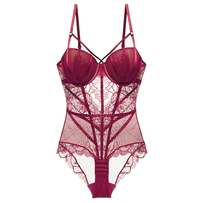 Sexy Lingerie Push Up Cup Strappy Style Stretchy Farbic Decorate With Lace Wired Sexy Bodysuit For Women