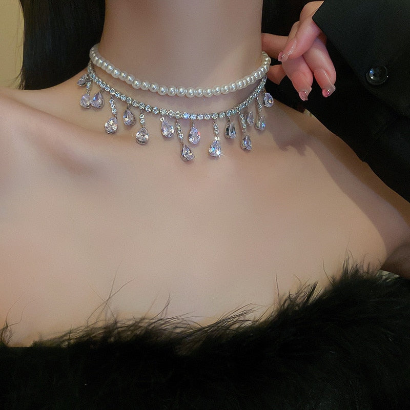 FYUAN Luxury Pearl Choker Necklaces for Women Tassel Water Drop Zircon Crystal Necklaces Wedding Banquet Jewelry