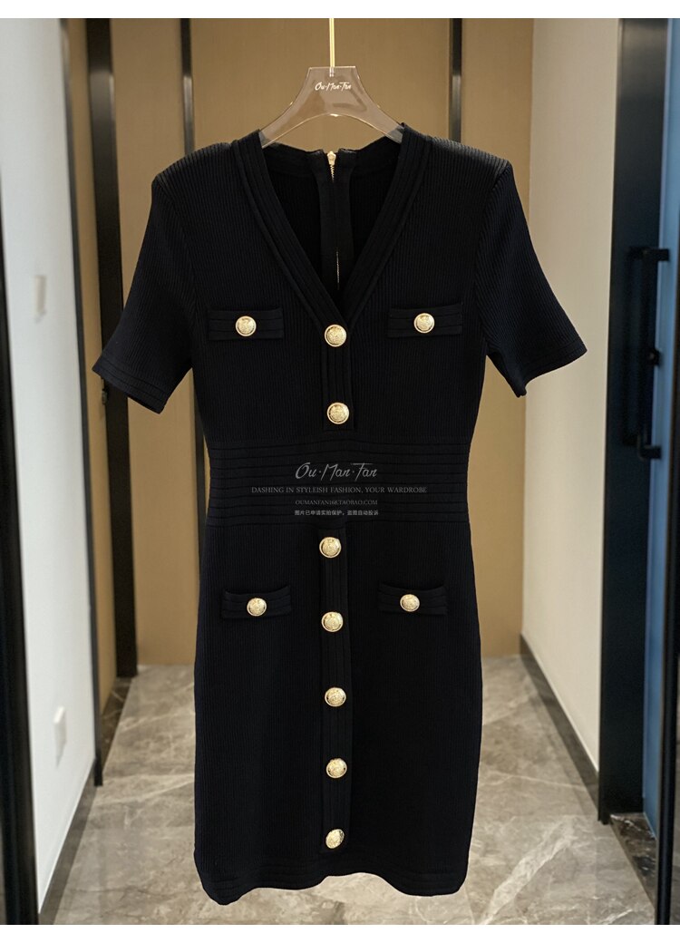 New Autumn Blue/white/black Knitted Dresses for Women 2022 Designers Casual V-neck Short Sleeve Mini Dress Female Vestidos