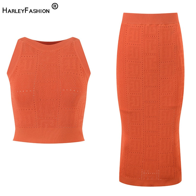 HarleyFashion Summer See-through Quality Orange Short Vest Midi Skirt Women Knitting 2 Pieces Set