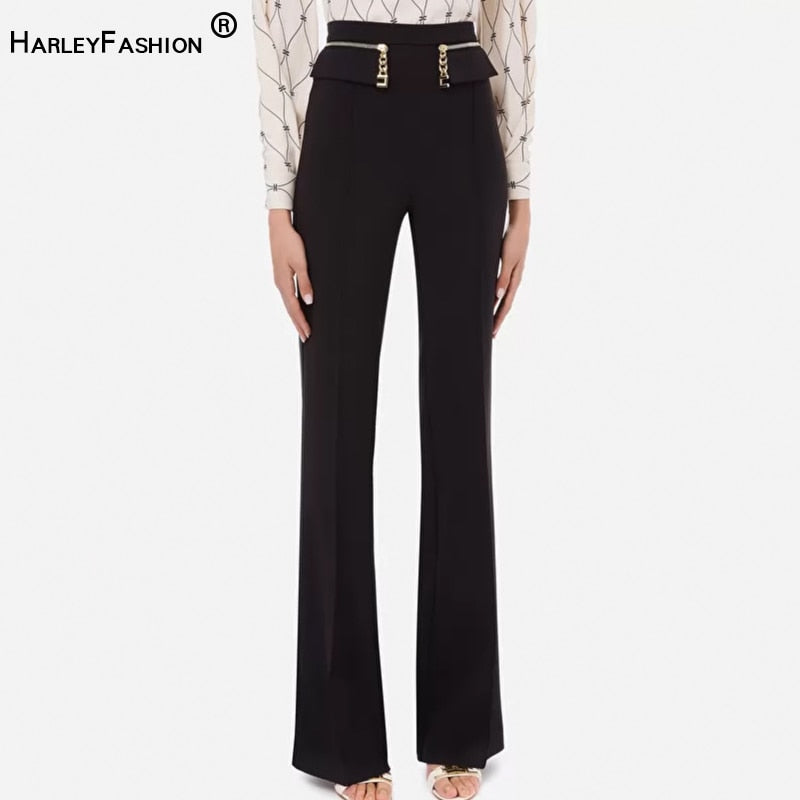 HarleyFashion Womnen Black Wide Leg Pants High Waist Chain Zipper Full Length Quality Trousers