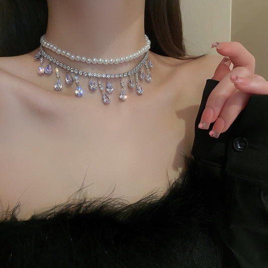 FYUAN Luxury Pearl Choker Necklaces for Women Tassel Water Drop Zircon Crystal Necklaces Wedding Banquet Jewelry