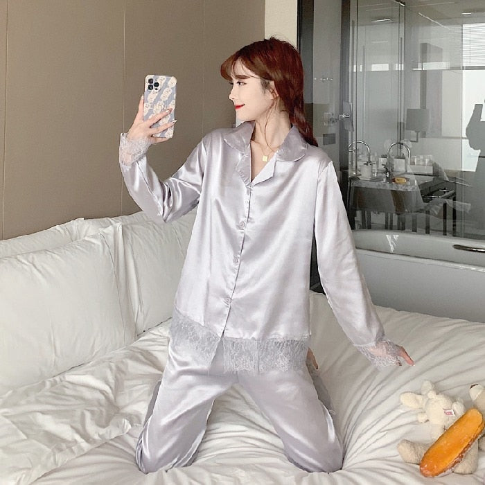 Silk Pajamas for Women Solid Lace Sleepwear Women Spring Autumn set woman 2 pieces Satin Ladies Pijamas Mujer Night Loungewear