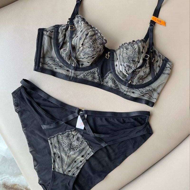 Sexy Bra and Panties Set Wired Translucent Cup With Emboridery Pattern Bra For Women Underwear Sexi Lingeri