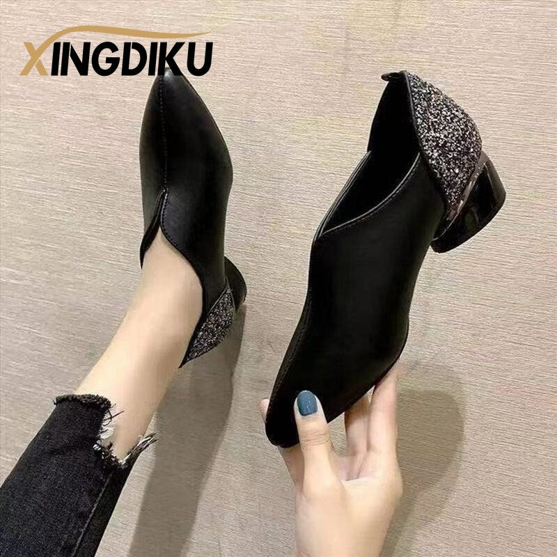 Black sexy single shoes rhinestone sequins mother women&#39;s shoes pointed toe low heel round heel fashion party shoes wedding shoe