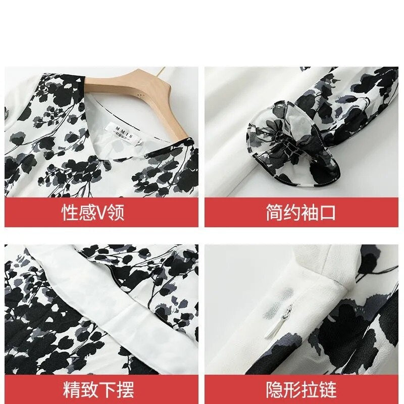 Ink Painting Long-Sleeved Chiffon Dress Women 2022 Spring Summer New Temperament Is Thin and Long Large Swing Holiday Long Skirt