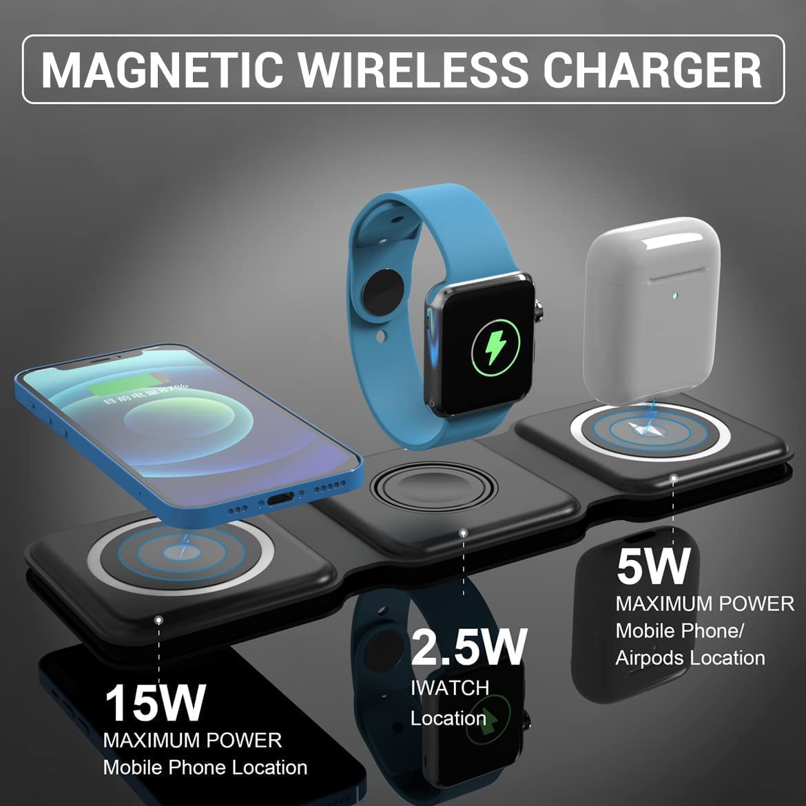 Magnetic Wireless Charger Stand for iPhone 13 12 11 XS XR 8 3 in 1 15W Fast Charging Station Dock For Apple Watch 7 Airpods Pro