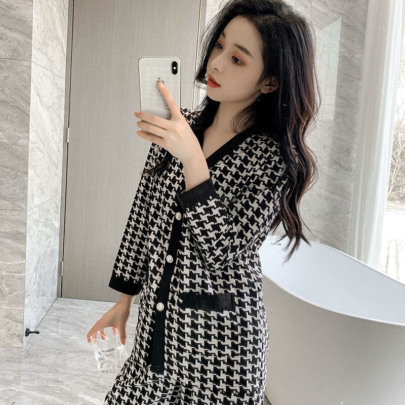 Home Clothes for Women Plaid Pants Pajamas for Women Cotton Sleepwear Suit Spring Pyjamas Women V-neck Button Loungewear Set