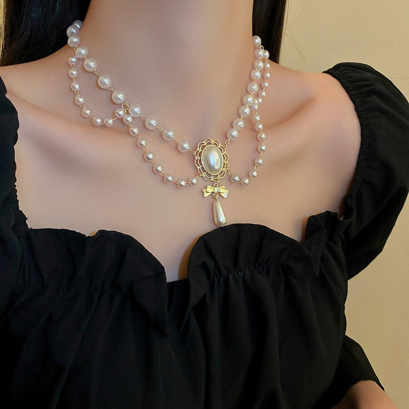 FYUAN Korean Style Bowknot Choker Necklaces for Women Exquisite Oval Pearl Necklaces Party Banquet Jewelry Gifts