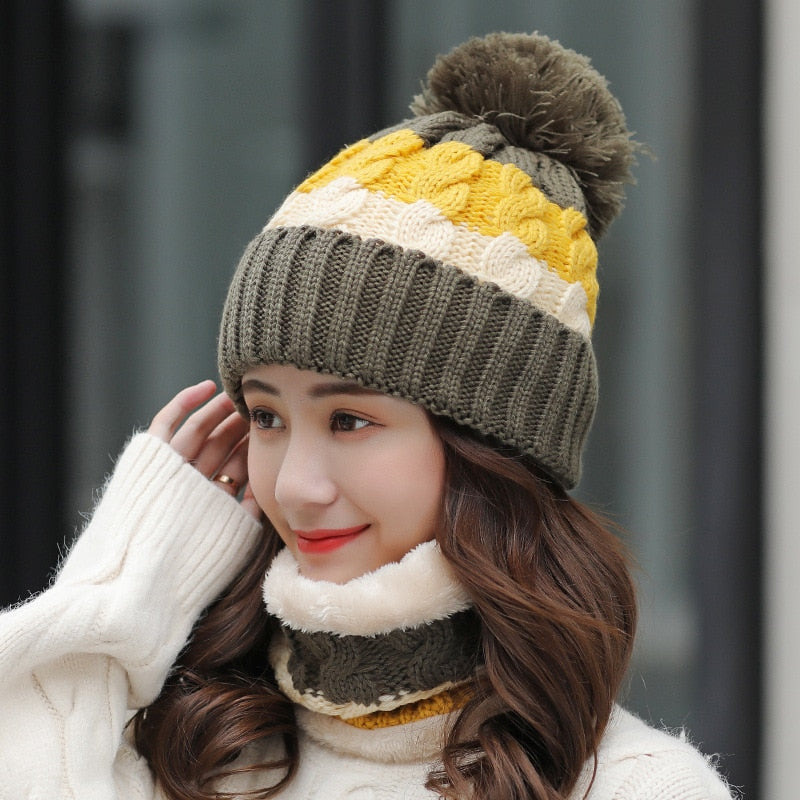 Winter Knit Hat Scarf Two-piece Women Velvet Beanies Cap Lady Warm Wool Ball Caps Sweet Cute knitted Earmuffs Hats Female