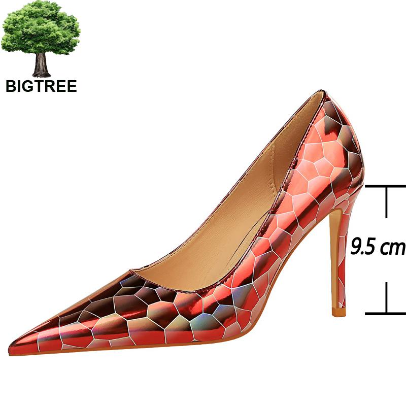 Bigtree Shoes New Patent Leather Woman Pumps Metal Stone Pattern High Heels Designer Women Heels Stiletto Female Pumps Size 43