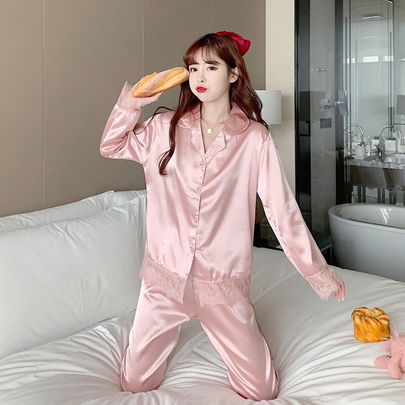 Silk Pajamas for Women Solid Lace Sleepwear Women Spring Autumn set woman 2 pieces Satin Ladies Pijamas Mujer Night Loungewear