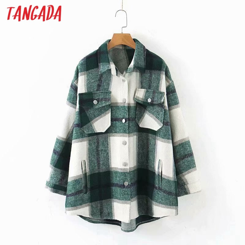 Tangada 2020 Autumn Winter Women Blue Plaid Long Coat Jacket Pocket Casual Warm Overcoat Fashion Outwear Tops QW12