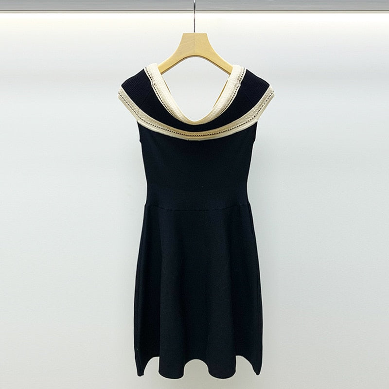 Korean Fashion Clothes Women 2022 Summer Elegant Bow A-line Mini Dress Black Knitted Vestido Feminino