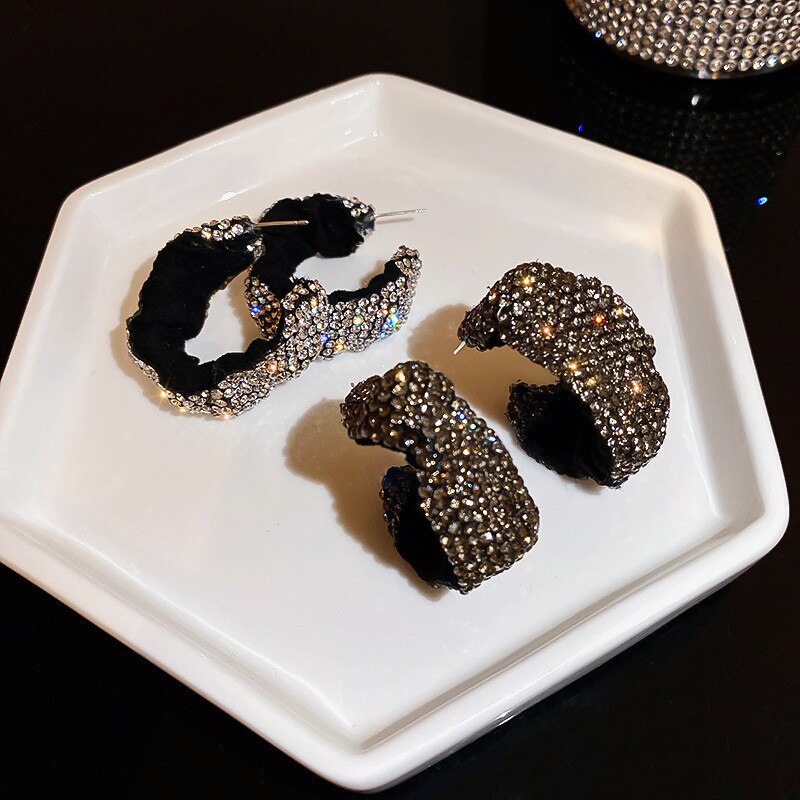 FYUAN White Black Full Rhinestones Hoop Earrings Velvet Cloth Round Geometric Earrings for Women Statement Jewelry