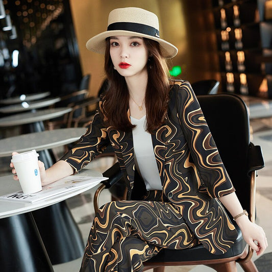 Yellow printing suit pants professional suit suit suit female spring and autumn temperament middle sleeve foreign style fashiona
