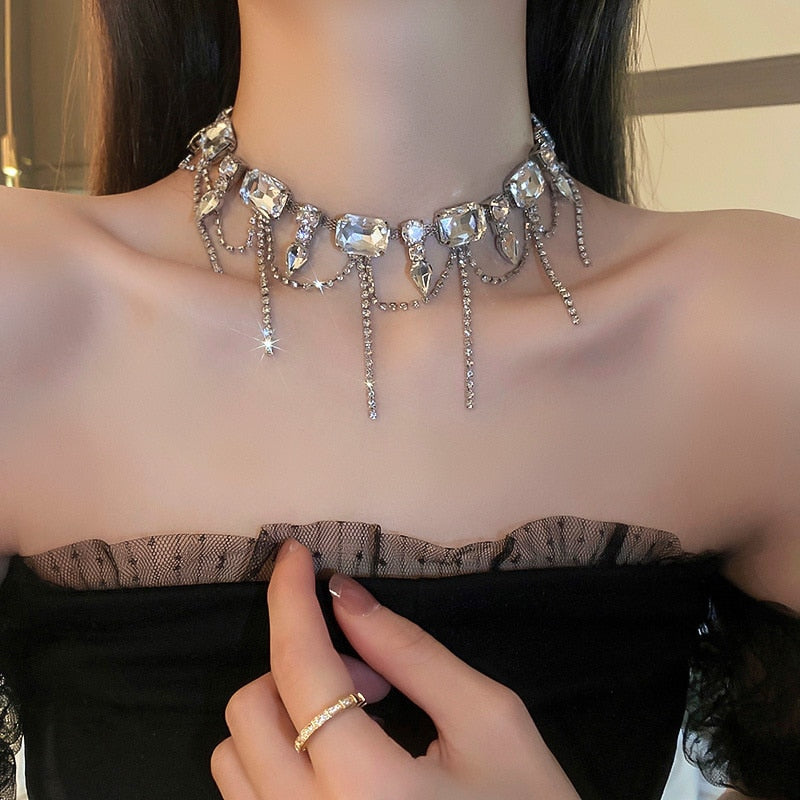 FYUAN Geometric Square Crystal Choker Necklaces for Women Long Tassel Clavicle Chain Necklaces Statements Jewelry Gifts