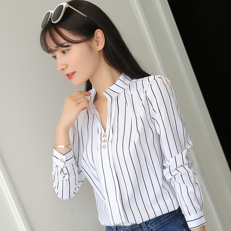 JFUNCY  Women White Tops and Blouses Fashion Stripe Print Casual Long Sleeve Office Lady Work Shirts Female Slim Blusas