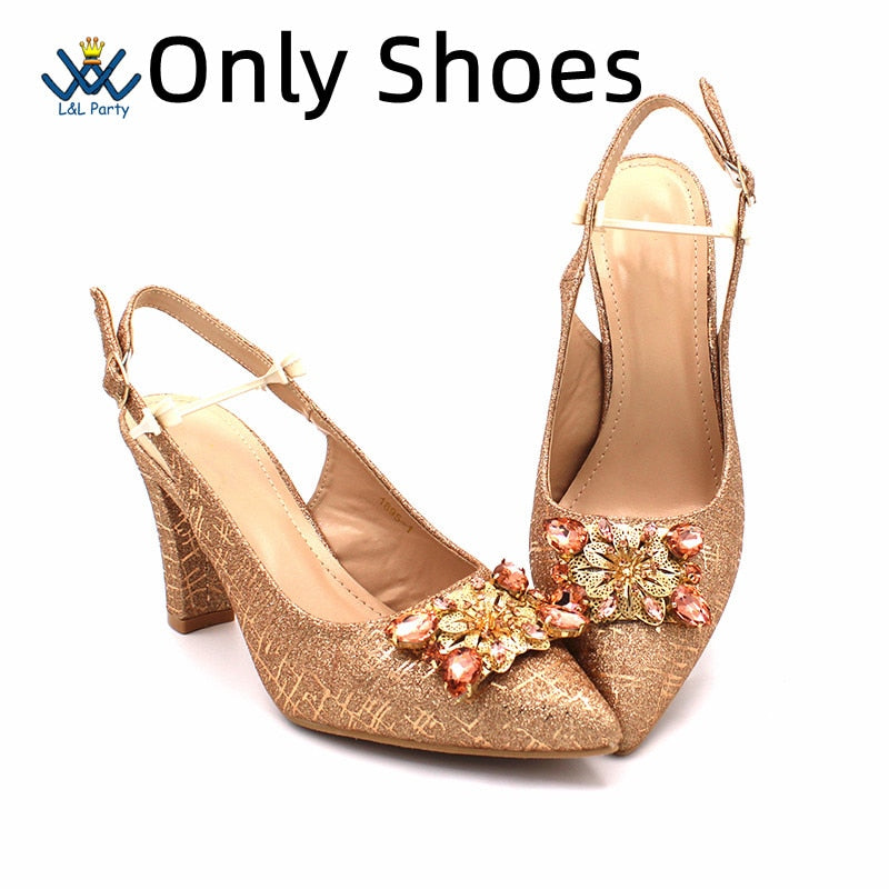 Champagne Color High Quality Women Pointed Toe Shoes Matching Bag Set for Nigerian Ladies Wedding Party