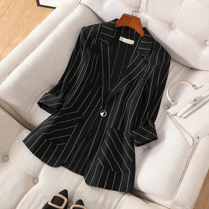 2022 New Summer Fashion Women Blazer Notched Collar Jacket Casual Korean Suit Coat Stripe Loose Office Lady Blazers Outerwear