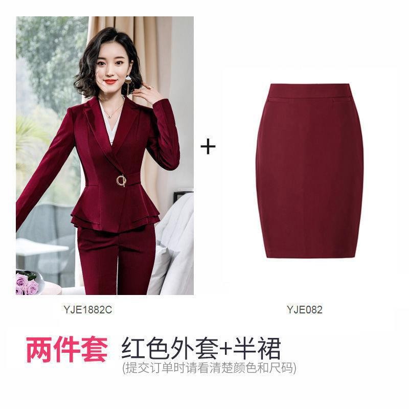 Factory spot wholesale wine red blue black 5XL women&#39;s winter two-piece formal Long Sleeve Ruffle slim fitting suit and pants of