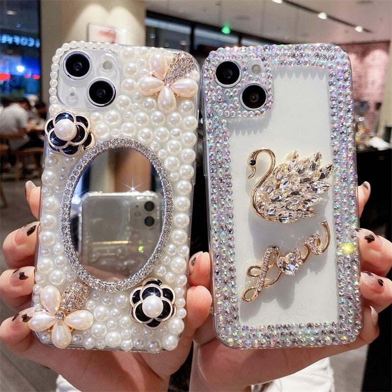 3D Camellia Swan Bling Diamond Chain Phone Case For iphone 14 12 Pro Max MiNi 11 13 Pro X XS XR 6 S 7 8 Plus 12Pro SE Cover