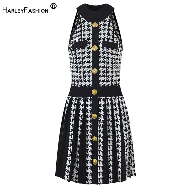 2022 Popular Summer Sleevless Classic Houndstooth Pattern Quality Vintage Pleated Knit Halter Tank Dress