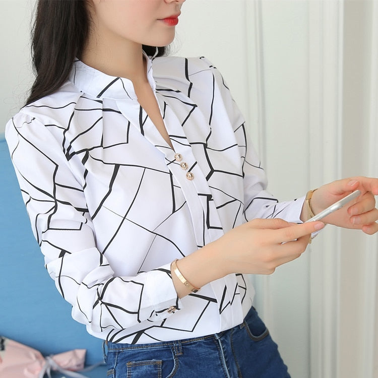 JFUNCY  Women White Tops and Blouses Fashion Stripe Print Casual Long Sleeve Office Lady Work Shirts Female Slim Blusas