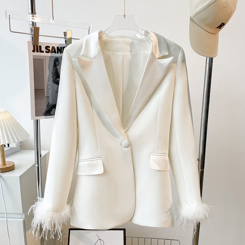 Autumn Spring Luxury Design Street Wear Women Two Piece Suit Feathers White Blazer Pants Sets Top Quality