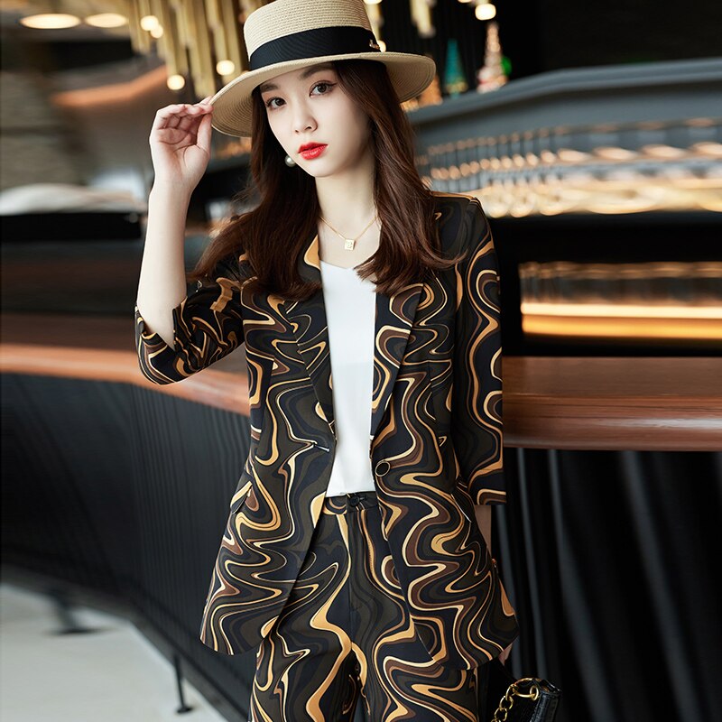 Yellow printing suit pants professional suit suit suit female spring and autumn temperament middle sleeve foreign style fashiona