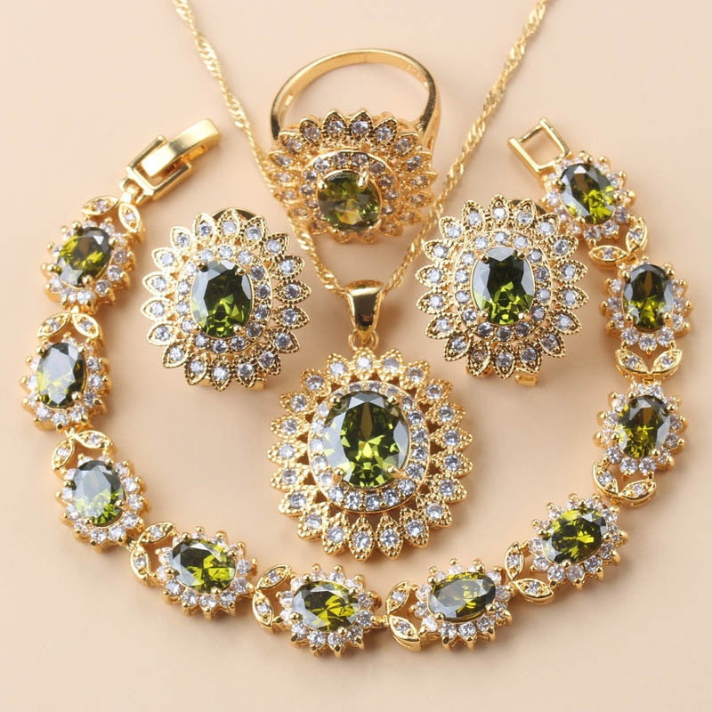 African Wedding Necklace Big Sunflower Jewelry Sets Gold Color Luxury Woman Earrings Charm Bracelet And Ring Bridal Costume