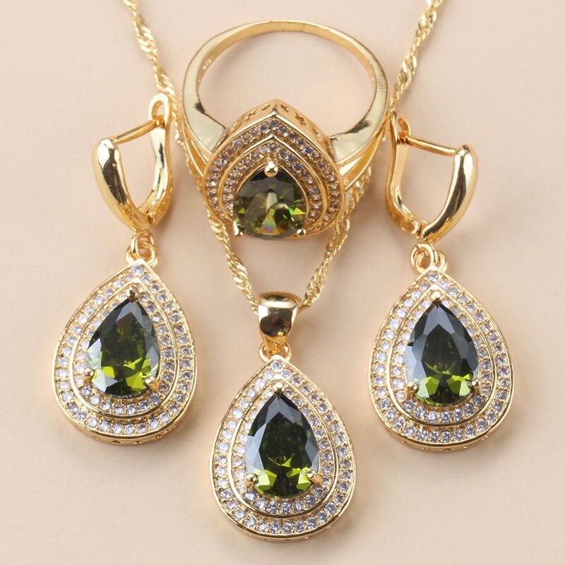 12-Color Bridal Water Drop Accessories Garnet Earrings And Necklace Wedding Ring Dubai Gold Color Jewelry Sets For Women