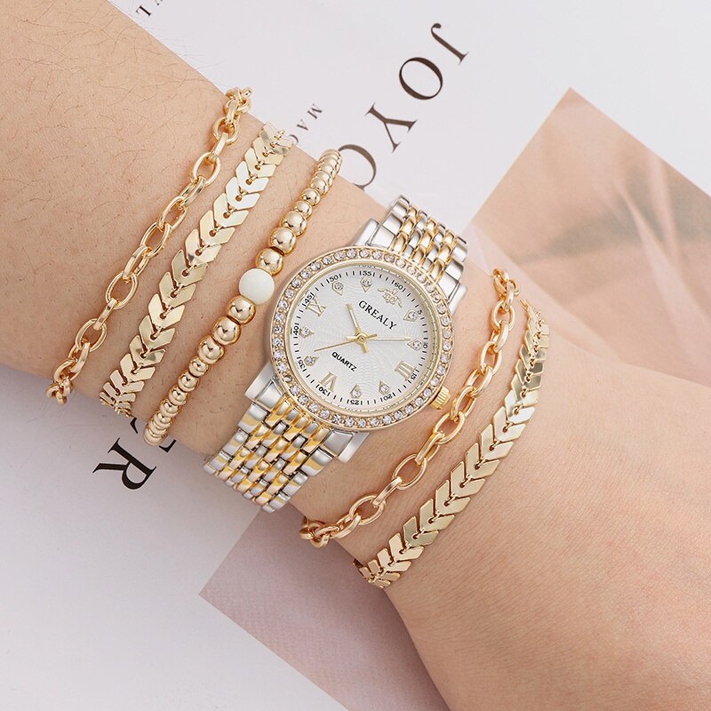 5pcs Women&#39;s Watch Stainless Steel Luxury Diamond Quartz WristWatch with Fashion Woman Bracelet