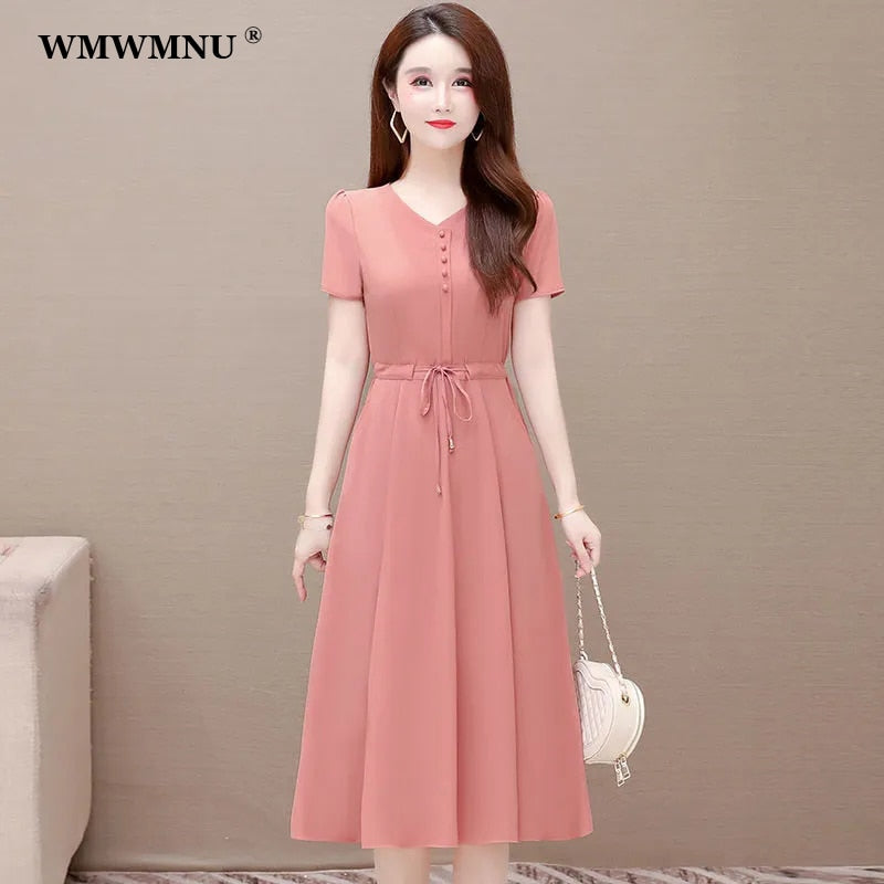 Korean Short Sleeve Midi A-Line Dress Women Summer Fashion Adjustable Waist Casual Dresses Plus Size 5Xl 4Xl Vestidos Elegante