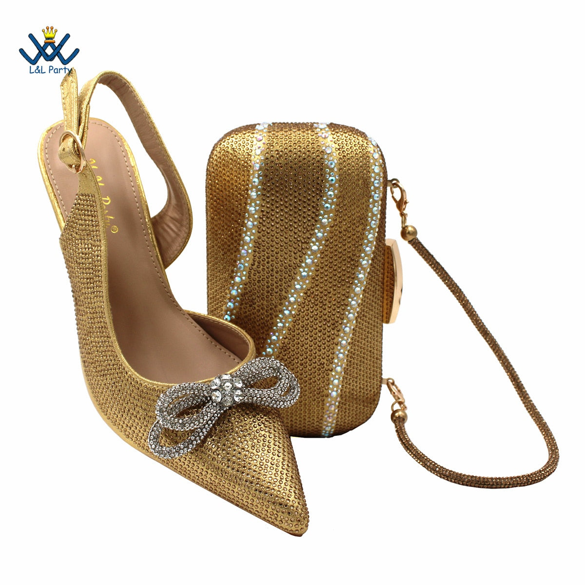 High Quality New Arrivals High Heels in Gold Color Italian Design Office Ladies Shoes Matching Bag Set For Wedding