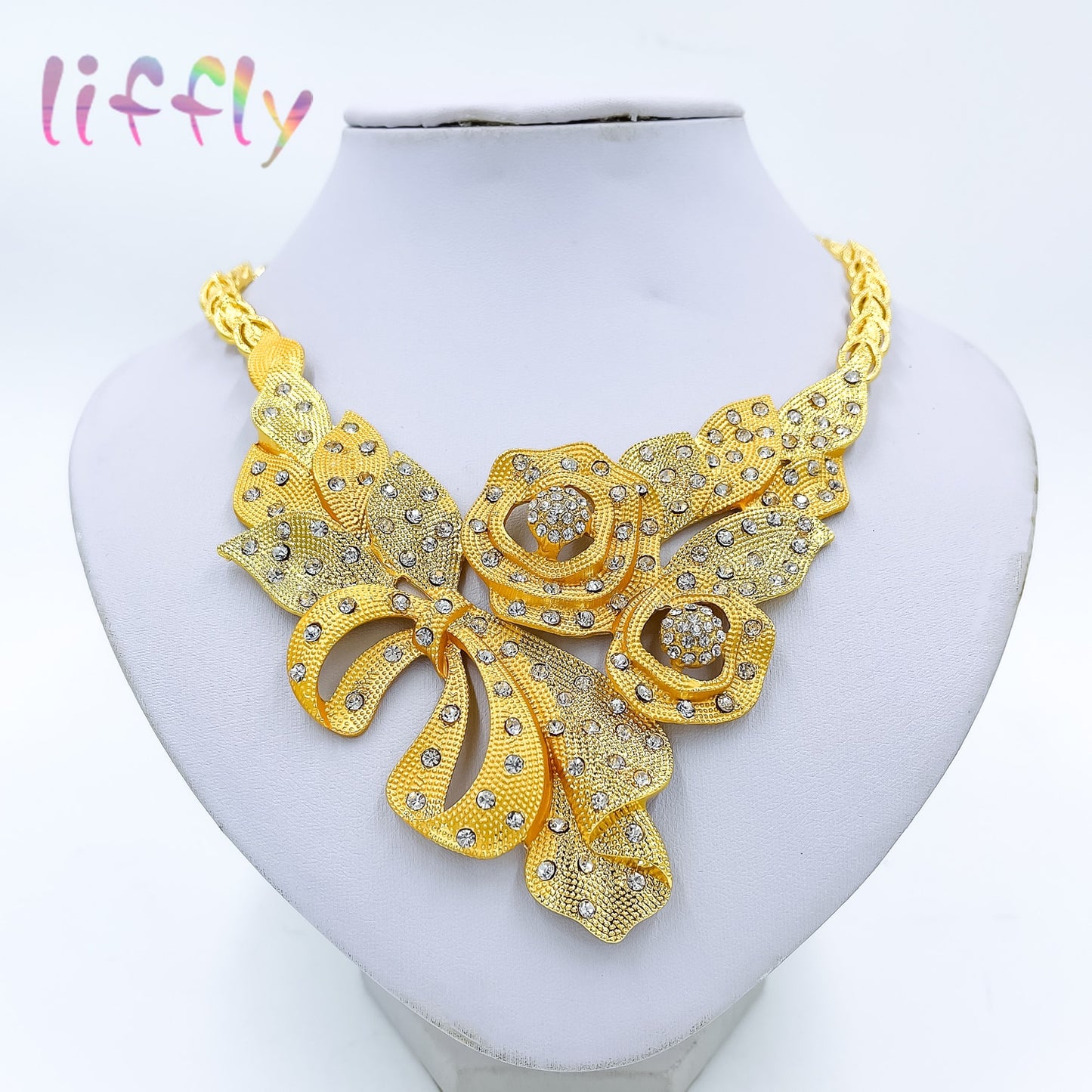 Liffly 2022 New Flower Type Necklace Sets for Women Fashion Earrings Ring Crystal Jewelry Sets Bridal Necklace Gift