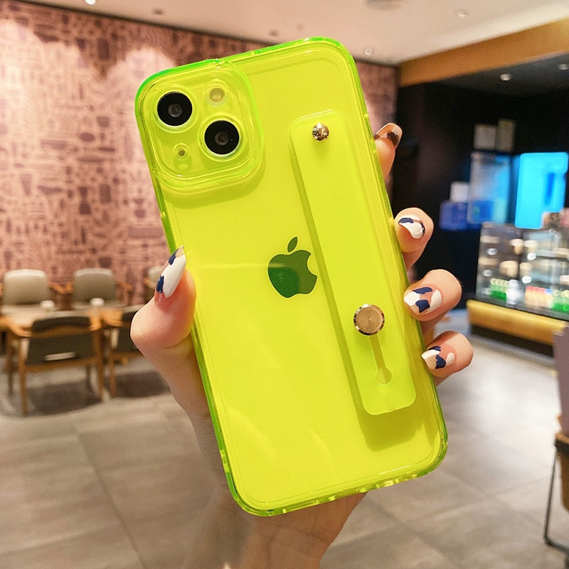 Wrist Strap Transparent Phone Case For iPhone 13 12 11 Pro Max X XR XS Max 7 8 Plus 11 Fashion Fluorescent Color Soft Back Cover