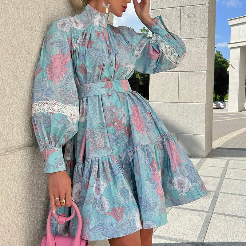 2022 Autumn New Woman Elegant Lace Up Print Dress Fashion Puff Sleeve Stand Collar Retro Dresses Female Party Clothing