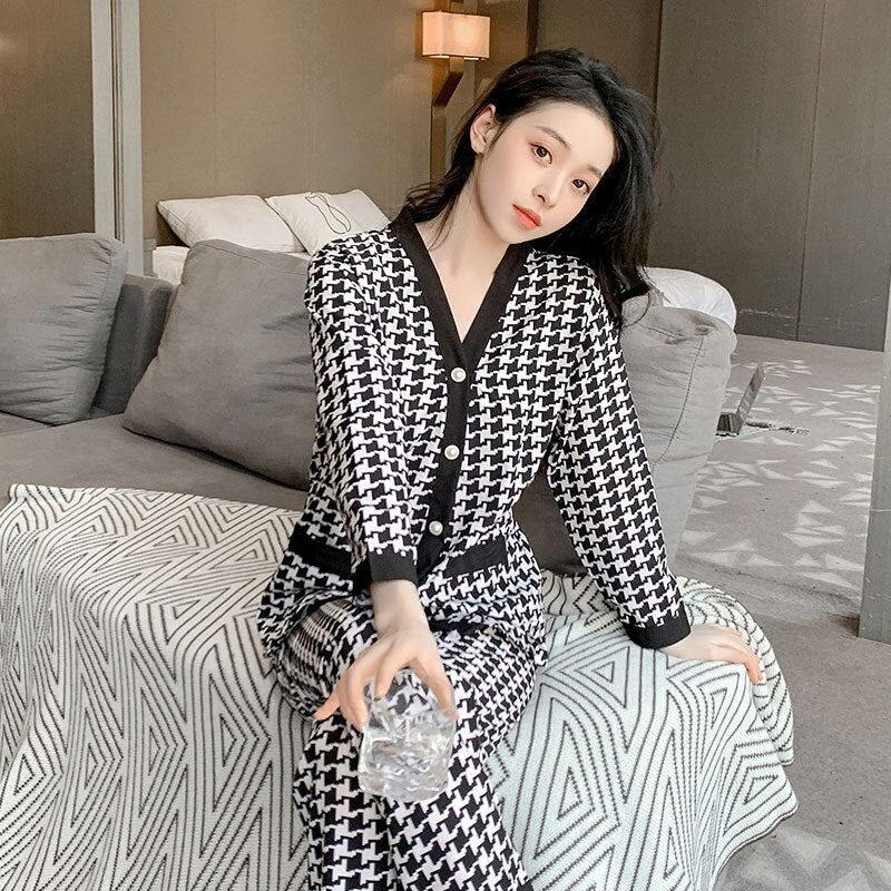 Home Clothes for Women Plaid Pants Pajamas for Women Cotton Sleepwear Suit Spring Pyjamas Women V-neck Button Loungewear Set