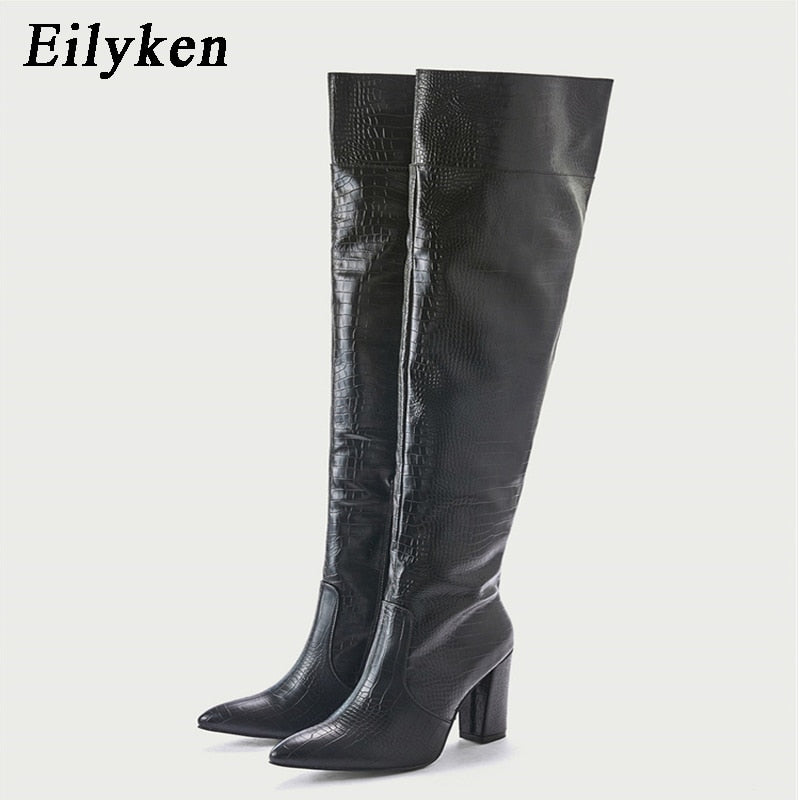 Eilyken 2023 New Style Women Chunky High Heel Boots Designer Shoes Microfiber Leather Long Booties Over-the-Knee Botas De Mujer