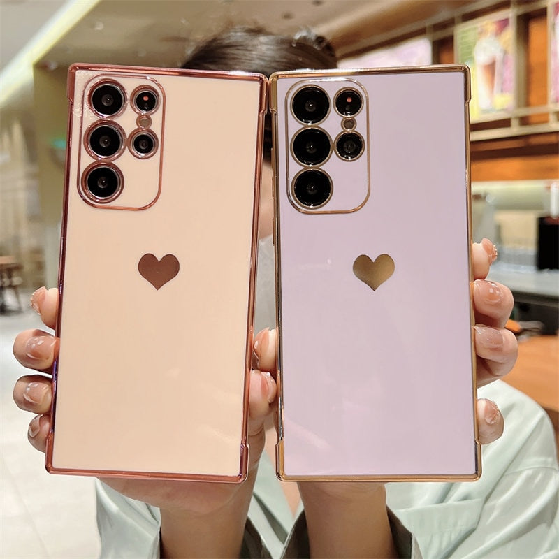 Soft Electroplated Love Heart Phone Case For Samsung S22 Ultra S22 S21 Plus S21 S20 FE A12 A53 A52 A135G Shockproof Bumper Cover