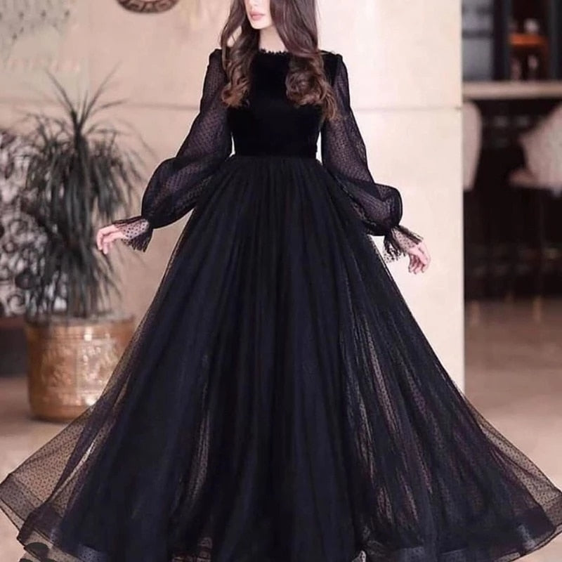 2022 New A-Line Long Sleeve Evening Dress Black Dubai Arabia Muslim Lace Prom Gown robe de soirée femme платье на выпускной