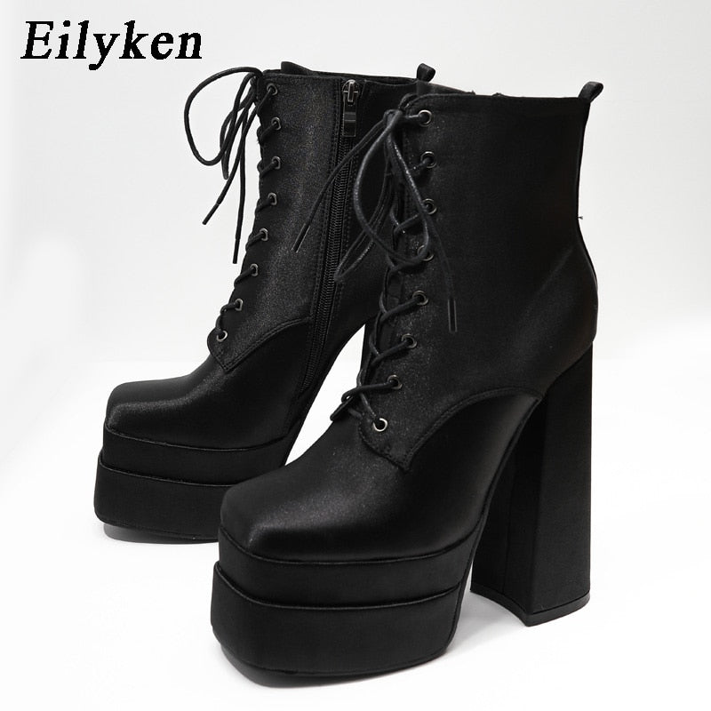 Eilyken Autumn Winter Women Motorcycle Ankle Boots Fashion Platform Wedges Satin High Heels  Female Party Prom Chunky Shoes