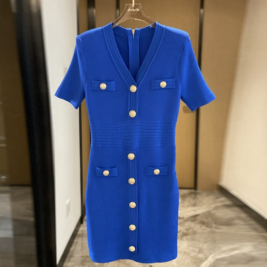 New Autumn Blue/white/black Knitted Dresses for Women 2022 Designers Casual V-neck Short Sleeve Mini Dress Female Vestidos